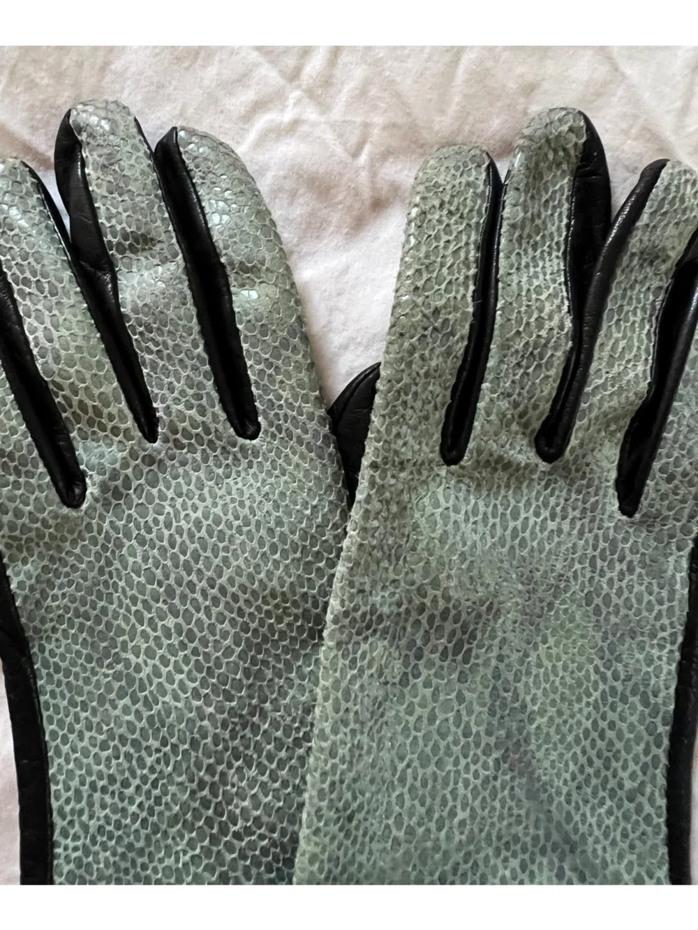 Blue and Black Leather Gloves with Textured Snakeskin front
